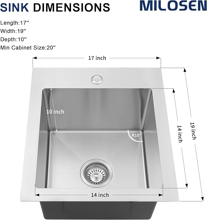 MILOSEN 17 x 19 inch Drop in Bar Sink, 304 Stainless Steel Topmount RV Small Kitchen Sink, Deep Outdoor Single Bowl Wet Bar&Prep Sinks with Bottom Grid and Strainer, Brushed Nickel