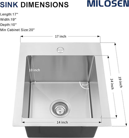 MILOSEN 17 x 19 inch Drop in Bar Sink, 304 Stainless Steel Topmount RV Small Kitchen Sink, Deep Outdoor Single Bowl Wet Bar&Prep Sinks with Bottom Grid and Strainer, Brushed Nickel
