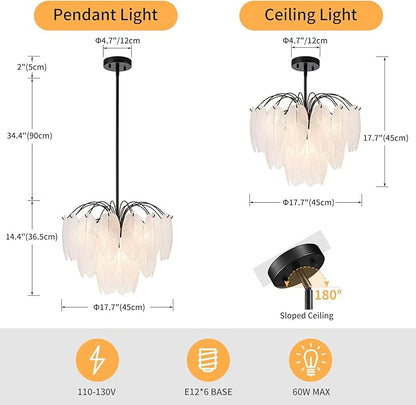 LumFurn 6-Light Glass Chandeliers, Modern 3-Tier Pendant Light Fixture for Dining Room, Living Room, D17.7 x H19~51 Inch Adjustable Height, Frosted Feather-Shaped Glass Shade & Black Finish Frame