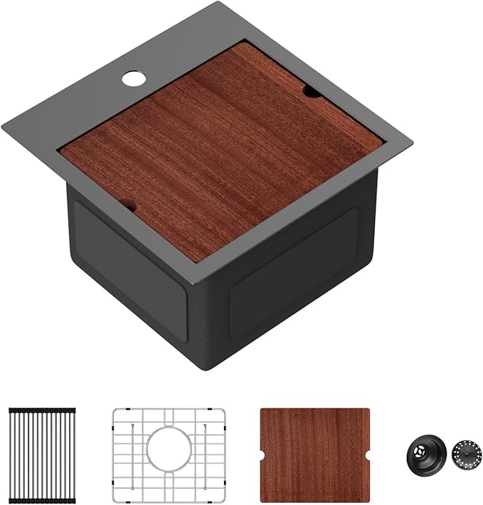 Sarlai Drop Bar Sink -15 Inch Black Outdoor Kitchen Sink Gunmetal Black Drop In Workstation 15 x 15 Topmount Stainless Steel 16 Gauge Single Bowl Kitchen Bar Prep RV Outdoor Sinks Basin