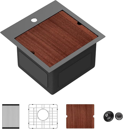 Sarlai Drop Bar Sink -15 Inch Black Outdoor Kitchen Sink Gunmetal Black Drop In Workstation 15 x 15 Topmount Stainless Steel 16 Gauge Single Bowl Kitchen Bar Prep RV Outdoor Sinks Basin