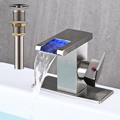 AVSIILE LED Bathroom Sink Faucet, Brushed Nickel Waterfall Single Hole Handle Vanity Faucets for Sinks 1 Hole with Metal Pop Up Drain and 2 Water Supply Lines, Side Handle