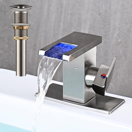 AVSIILE LED Bathroom Sink Faucet, Brushed Nickel Waterfall Single Hole Handle Vanity Faucets for Sinks 1 Hole with Metal Pop Up Drain and 2 Water Supply Lines, Side Handle