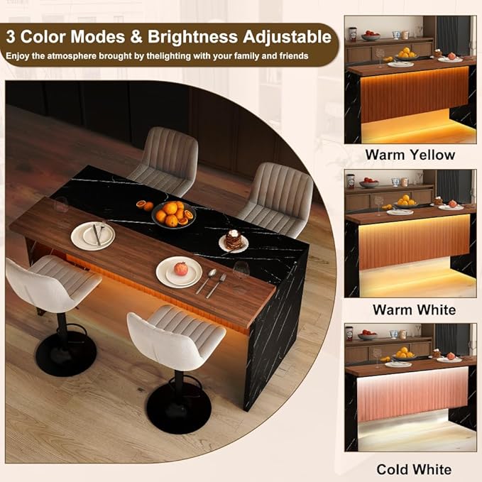 63-inch Modern Kitchen Island Set with 4 Gray Bar Stools, Black Marble Look Surface, LED Lighting & Grille Design for Dining Room and Open Concept Spaces