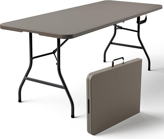 Folding Table 6ft - Heavy Duty Plastic Table with Handle, Foldable & Portable, Fold-in-Half Utility Tables for Outdoor, Dining, Wedding, Events, Indoor, Picnic, Camping, Party (Khaki)