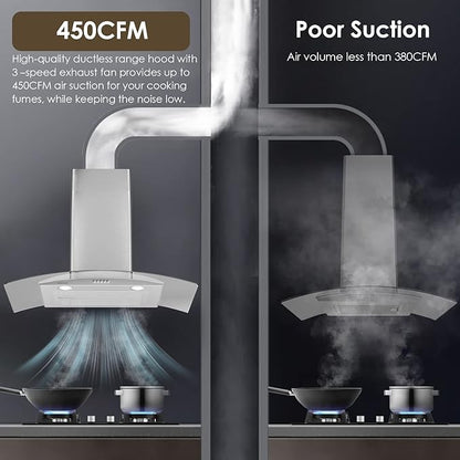30 Inch Wall Mounted Curved Glass Range Hood with 450 CFM,Stainless Steel kitchen Ductless/Ducted Convertible with 3 Speed Controls,Permanent Baffle Filters and 2 LED Lights