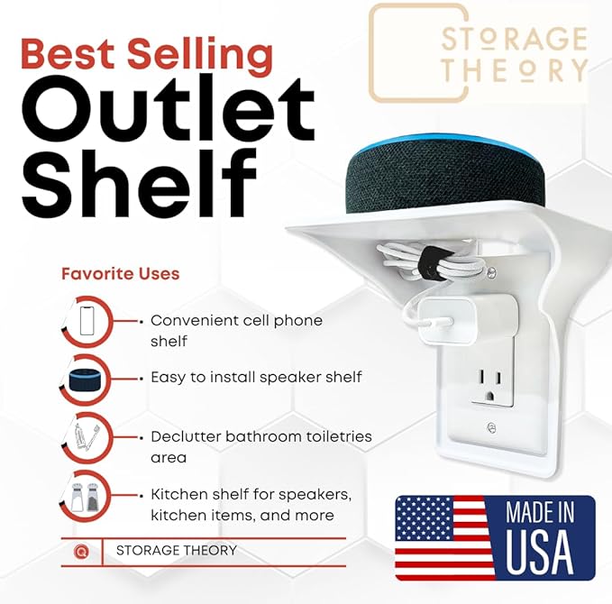 Power Perch Double Wall Outlet Shelf with Cord Storage Strap - Declutter & Reclaim Bedroom Counter Space - Echo Dot Stand, Apple Homepod Shelf, Toothbrush Holder for Bathroom - White, 1-Pack