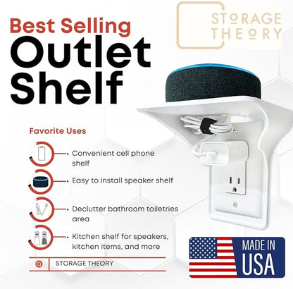 Power Perch Double Wall Outlet Shelf with Cord Storage Strap - Declutter & Reclaim Bedroom Counter Space - Echo Dot Stand, Apple Homepod Shelf, Toothbrush Holder for Bathroom - White, 1-Pack