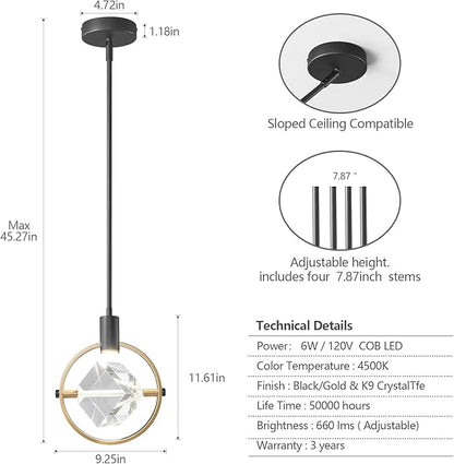 Modern Crystal Pendant Light in Black Mini Dimmable Integrated LED Light Fixtures Metal Rod Ceiling Black Gold Chandelier for Kitchen Island Bedroom Dining Room Bar(1-Lights)
