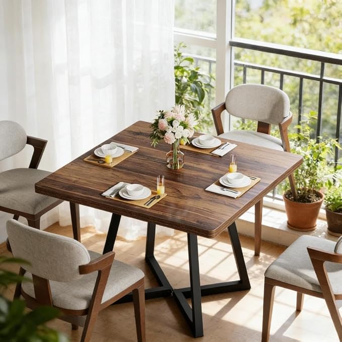 Solid Wood Square Dining Table with Rustic Farmhouse Design for Kitchen or Dining Room
