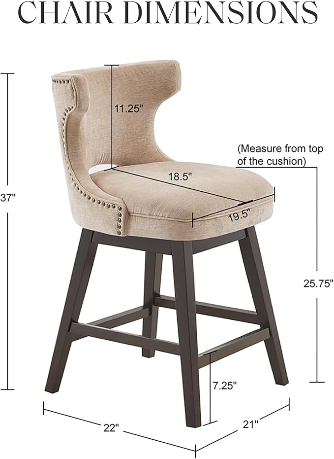 Madison Park Emmett Swivel Counter Stool - Chic Modern, Scoop Back, Counter Height Barstool, Kitchen Island Chair, Solid Wood Legs, Silver Nailhead Accent, Assembly Required, 37" High Beige