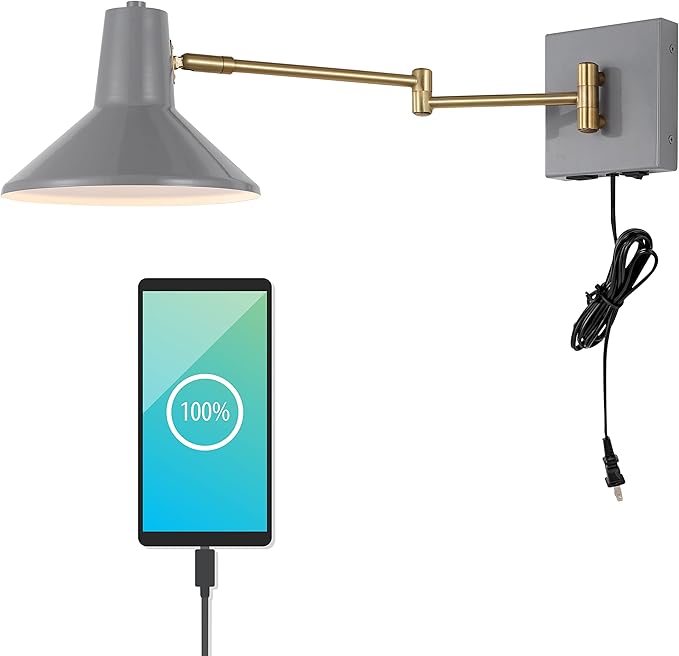 JONATHAN Y 16" Grey/Brass Gold 1-Light Modern Swing Arm Sconce with USB Port, Plug-in Midcentury LED Bedside Lamp with White Iron Shade for Bedroom Living Room (JYL1302C)