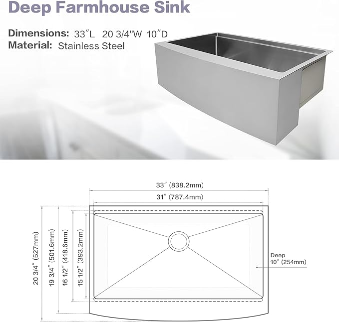 Farmhouse Kitchen Sink,16 Gauge T-304S Stainless Steel Workstation Farm Sinks with Accessories, 33" x 20" x 10" Large and Deep Apron Front Kitchen Sinks for Home, Kitchen and Outdoor