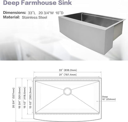 Farmhouse Kitchen Sink,16 Gauge T-304S Stainless Steel Workstation Farm Sinks with Accessories, 33" x 20" x 10" Large and Deep Apron Front Kitchen Sinks for Home, Kitchen and Outdoor