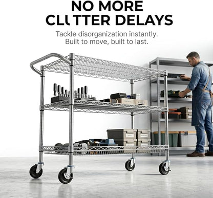 Finnhomy 3 Tier Heavy Duty Commercial Grade Utility Cart, Wire Rolling Cart with Pushing Handle Bar, Steel Metal Kitchen Service Trolly with Wheels, Shelf Size 18" D x 36" W, NSF, Chrome