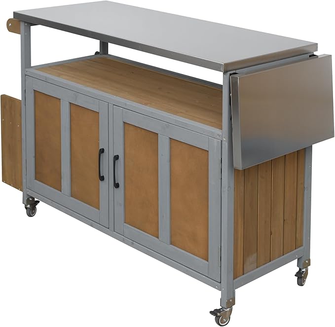 JIJIWANG 60.6" Mobile Kitchen Storage Island with Storage Cabinet and Towel Rack, Foldable Outdoor Kitchen Island with Stainless Steel Top and Lockable Wheels for Patio and Outdoor Espresso+Grey