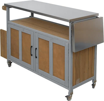 JIJIWANG 60.6" Mobile Kitchen Storage Island with Storage Cabinet and Towel Rack, Foldable Outdoor Kitchen Island with Stainless Steel Top and Lockable Wheels for Patio and Outdoor Espresso+Grey