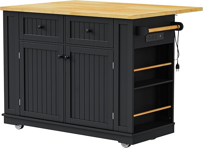 Ball & Cast 48" Large Kitchen Island with Power Outlet,Rolling Kitchen Cart on 5 Wheels W/Drop Leaf and 5 Open Side Racks,Kitchen Storage Cart W/Adjustable Shelf,for Kitchen,Dining Room,Black