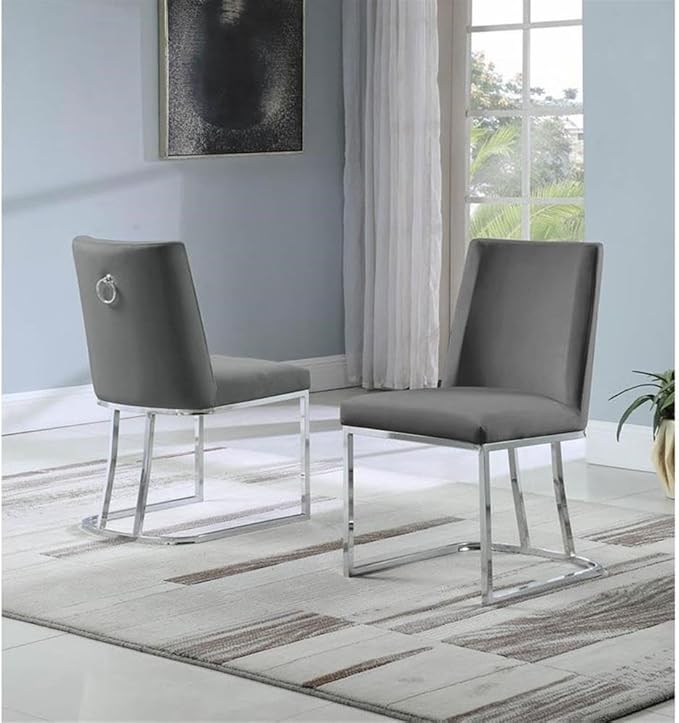 Modern Chairs Set of 2, Chrome Side Chairs & Counter Stools with Ring Pull Back, Luxury Upholstered Chairs for Kitchen Island, Dining Room & Home Bar (Velvet, Dark Gray/Silver, Side Chair)