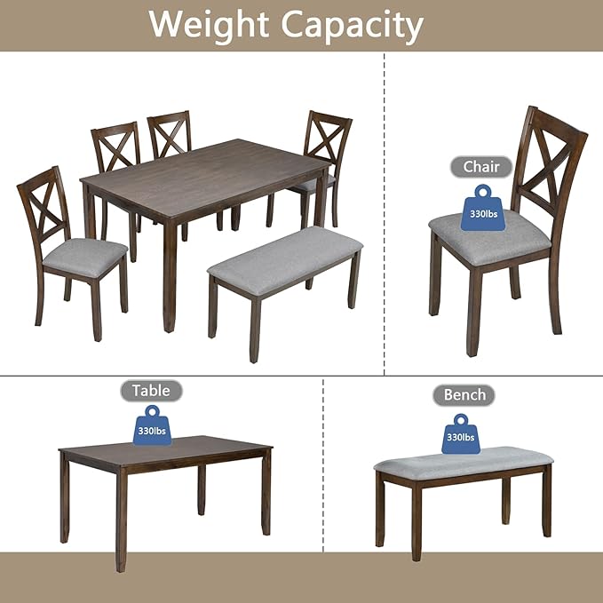6-Piece Kitchen Dining Set, Rectangular Wooden Dining Table with 4 Upholstered Chairs and 1 Bench, Modern Dining Table Set for 6 People for Dining Room, Home Bar and Kitchen, Walnut