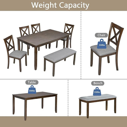 6-Piece Kitchen Dining Set, Rectangular Wooden Dining Table with 4 Upholstered Chairs and 1 Bench, Modern Dining Table Set for 6 People for Dining Room, Home Bar and Kitchen, Walnut