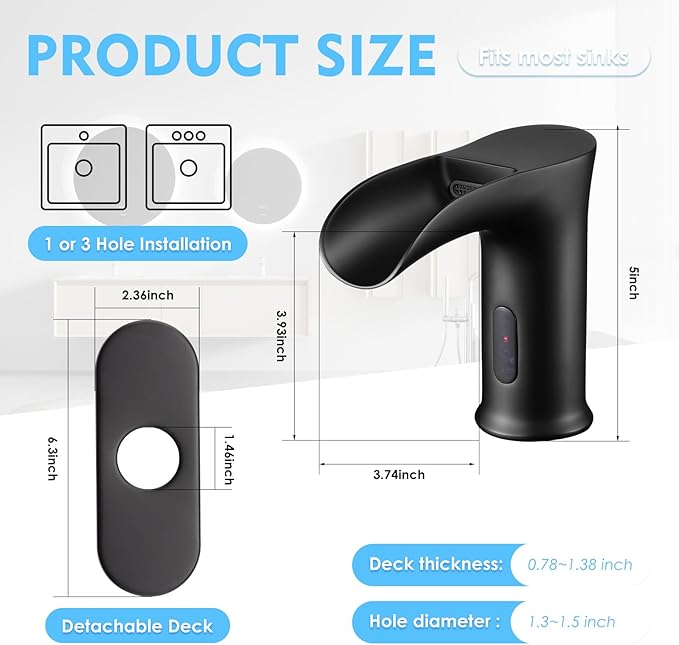 Automatic Sensor Touchless Waterfall Bathroom Sink Faucet, Modern Electronic Sensor Lavatory Faucet, Matte Black Hands Free Vanity Faucets with Control Box and Temperature Mixer