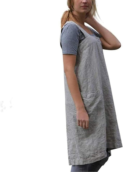 Cotton Linen Apron Cross Back Apron for Womens with Pockets Pinafore Dress for Baking Cooking