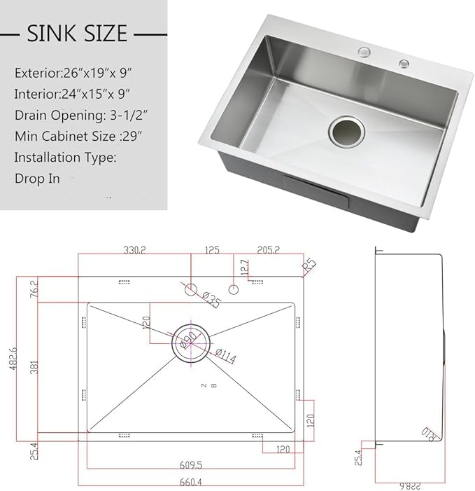 26 inch Drop in Kitchen Sink - VOKIM 26"x 19" Inch Stainless Steel Drop in Sink Single Bowl Top Mount sink With Dish Grid
