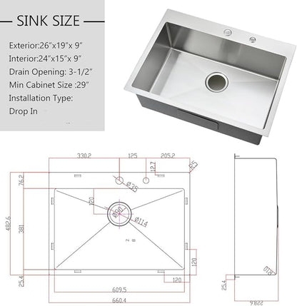 26 inch Drop in Kitchen Sink - VOKIM 26"x 19" Inch Stainless Steel Drop in Sink Single Bowl Top Mount sink With Dish Grid