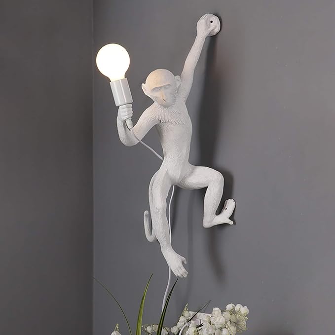 Vintage Monkey Wall Lamp, 13.7 x 27.5 Inch Retro Resin E27 Monkey Wall Light Fixture for Dining Living Room Bedroom Bar Cafe (White - Wall Lamp)