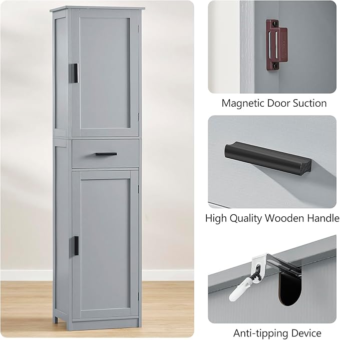 usikey 67“ Tall Bathroom Cabinet, Storage Cabinet with 4 Shelves & 2 Doors, Narrow Storage Cabinet for Bathroom, Living Room, Home Office, Greige UNSNG040G