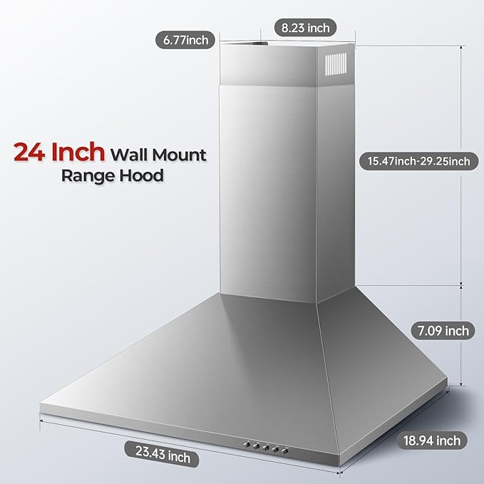 24 Inch Wall Mount Range Hood, Stainless Steel Range Hood 450 CFM, Ducted/Ductless Convertible Kitchen Hood with Push Button Control, 3 Fan Speed, 2 Pcs Mesh Filters