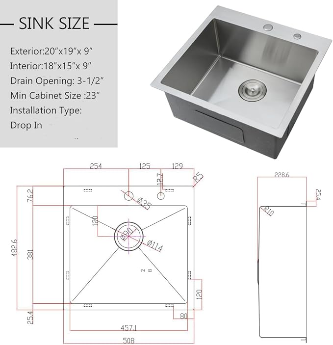 20 inch Drop In Bar Sink - VOKIM 20"x 19" Drop In Kitchen Sink Stainless Steel Top Mount Sink Single Bowl Handmade Small Bar sink with Accessories