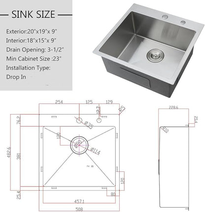 20 inch Drop In Bar Sink - VOKIM 20"x 19" Drop In Kitchen Sink Stainless Steel Top Mount Sink Single Bowl Handmade Small Bar sink with Accessories