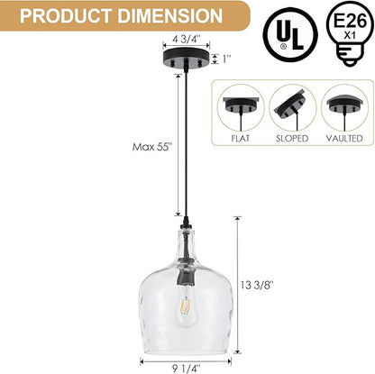 10” Large Stone-Hammered Glass Pendant Light Modern Matte Black 1 Light Single Dome Pendant Lighting Fixtures for Kitchen Island Dining Room Hallway, UL Listed