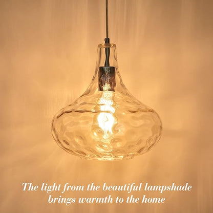 Farmhouse Vintage Glass Pendant Light with Handblown Hammered Shade - Adjustable Hanging Cord for Kitchen Island, Dining Room, Hallway - 11 Inch Chrome Ceiling Fixture