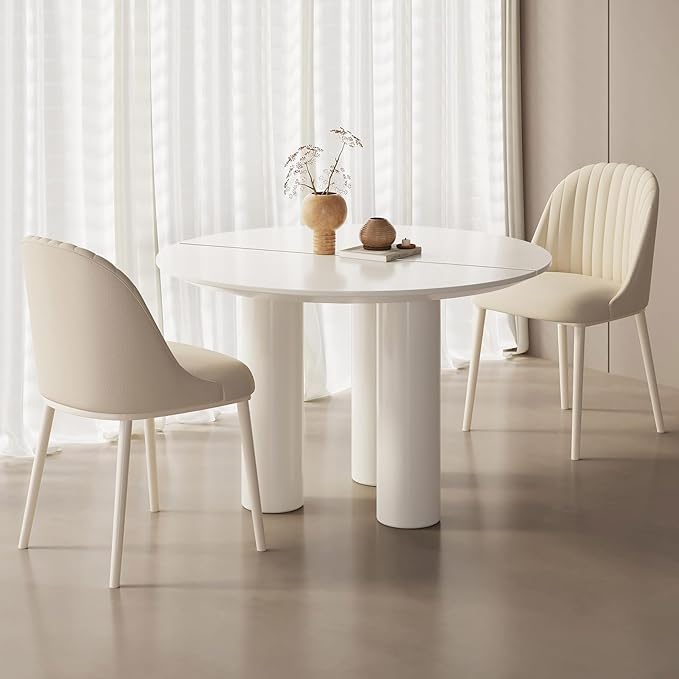 Miuuod 46in White Round Dining Table with 4 Chairs,Sturdy Kitchen Table,Large Center Coffee Table Set for 2-6 People,Leisure Round Table for Balcony Dining Room,Living Room