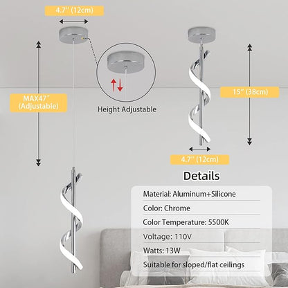 CANEOE Modern Led Pendant Light Fixture, 5500K Cool White Spiral Integrated LED Hanging Lamp, Adjustable Height Island Light Fixture for Kitchen Sink Living Room Dining Room Bedroom,1 Pack