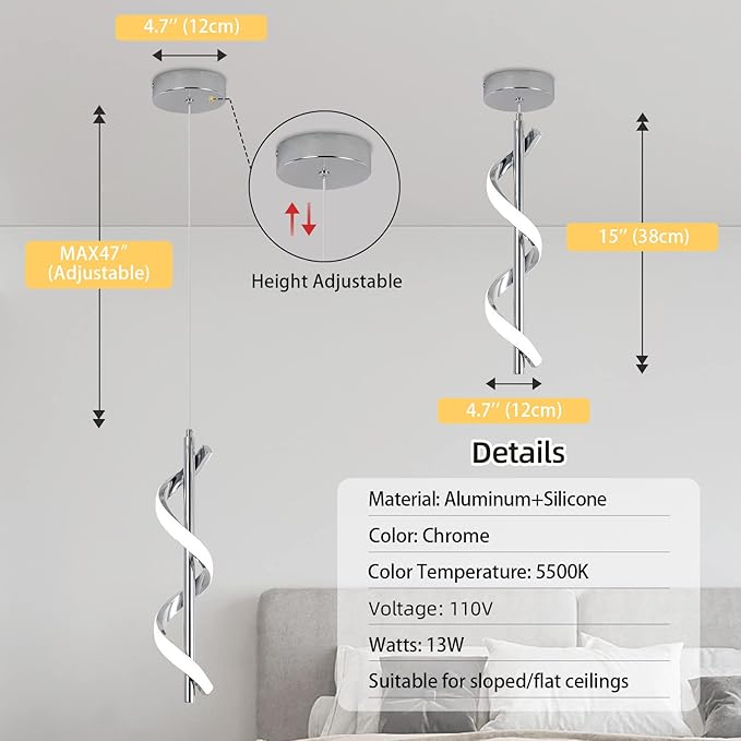 CANEOE 3 Packs Modern Spiral Led Pendant Light Fixture, Cold White 5500K Kitchen Island Pendant Lamp, Adjustable Hanging Light Fixture for Bedroom Living Room Kitchen Sink (Chrome)