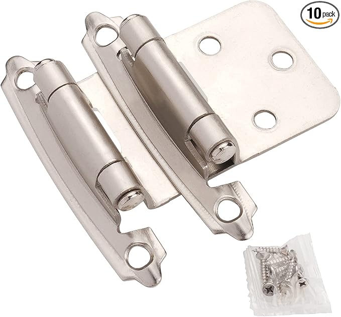 DecoBasics Cabinet Hinges Brushed Nickel for Kitchen Cabinets Doors (5 Pair -10 Pcs) -1/2" Overlay (Variable) -Self Closing Kitchen Cabinet Hinges Flush Mount w/Silicon Bumpers & Hardware Screws
