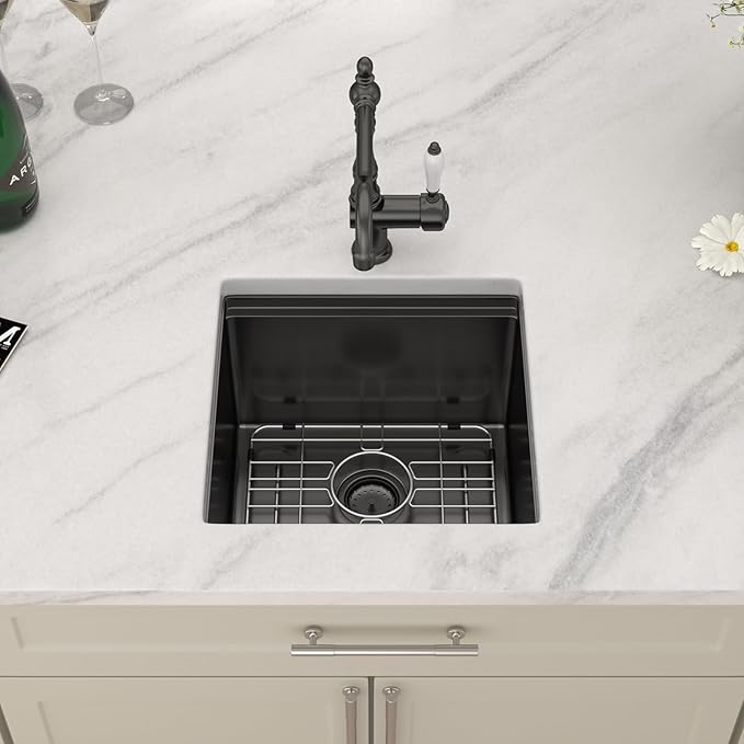 Dcolora 17 In. Black Undermount Bar Sink Single Bowl Workstation, 16 Gauge Stainless Steel Prep Sink Under Counter, 17" x 17" x 10", DC-U1717