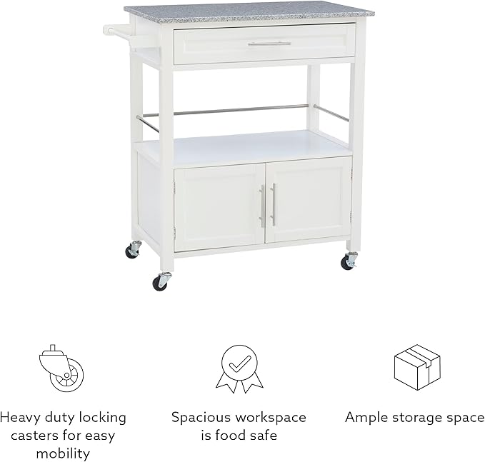 Linon Kyler White Granite Topped Kitchen Cart with Lockable Casters and Hidden Storage Spaces