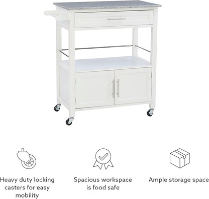 Linon Kyler White Granite Topped Kitchen Cart with Lockable Casters and Hidden Storage Spaces