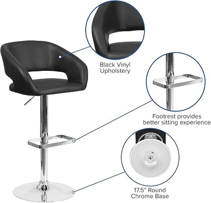 Flash Furniture Erik Comfortable & Stylish Contemporary Barstool with Rounded Mid-Back and Foot Rest, Adjustable Height - Black Vinyl with Chrome Base