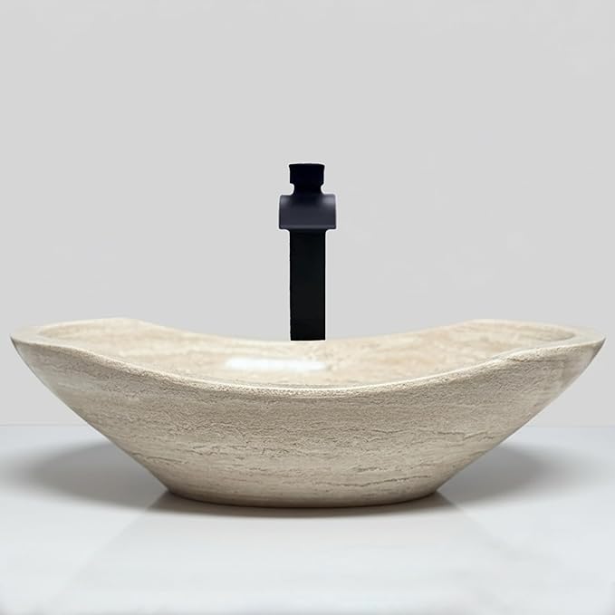 Shades of Nature Oval Travertine Vessel Sink – Natural Stone Wash Basin, Fully Polished Bathroom Sink, Above Counter Vanity Basin (Includes Matching Soap Tray)