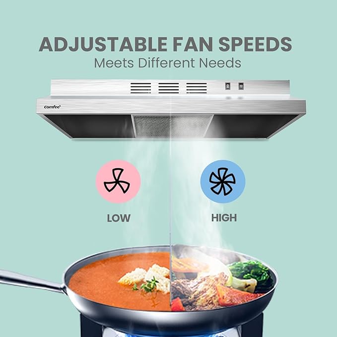 COMFEE' CVU30W2AST Range Hood 30 Inch Ducted Ductless Vent Hood Durable Stainless Steel Kitchen Hood for Under Cabinet with 2 Reusable Filter, 200 CFM, 2 Speed Exhaust Fan Silver