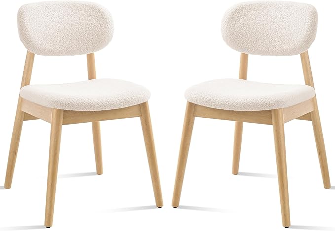 Wooden Dining Chairs Set of 2, Farmhouse Boucle Upholstered Kitchen Chairs, Step-By-Step Video Guide for Assembly, Cream White