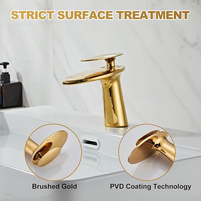 Wovier Shiny Polished Gold Waterfall Bathroom Sink Faucet,Single Handle Single Hole Brass Lavatory Vanity Faucet,Slanted Body Basin Mixer Tap with Supply Hose and Pop Up Drain Assembly