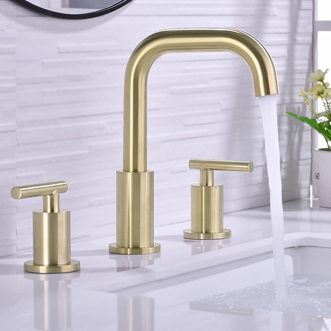 TRUSTMI Bathroom Faucet 2 Handle 8 Inch Brass Bathroom Sink Faucet 3 Hole Widespread with 360 Degree Swivel Spout, cUPC Water Supply Lines and Overflow Pop Up Drain Included, Brushed Gold