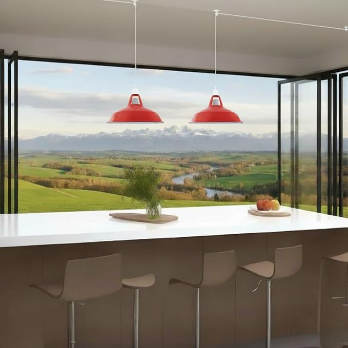 Plug in Pendant Light, 13.1FT Hanging Light with Plug in Cord and On/Off Switch, Industrial Red Barn Metal Shade Pendant Light for Kitchen Island, Dining Room, Bar, Cafe, Living Room, Red